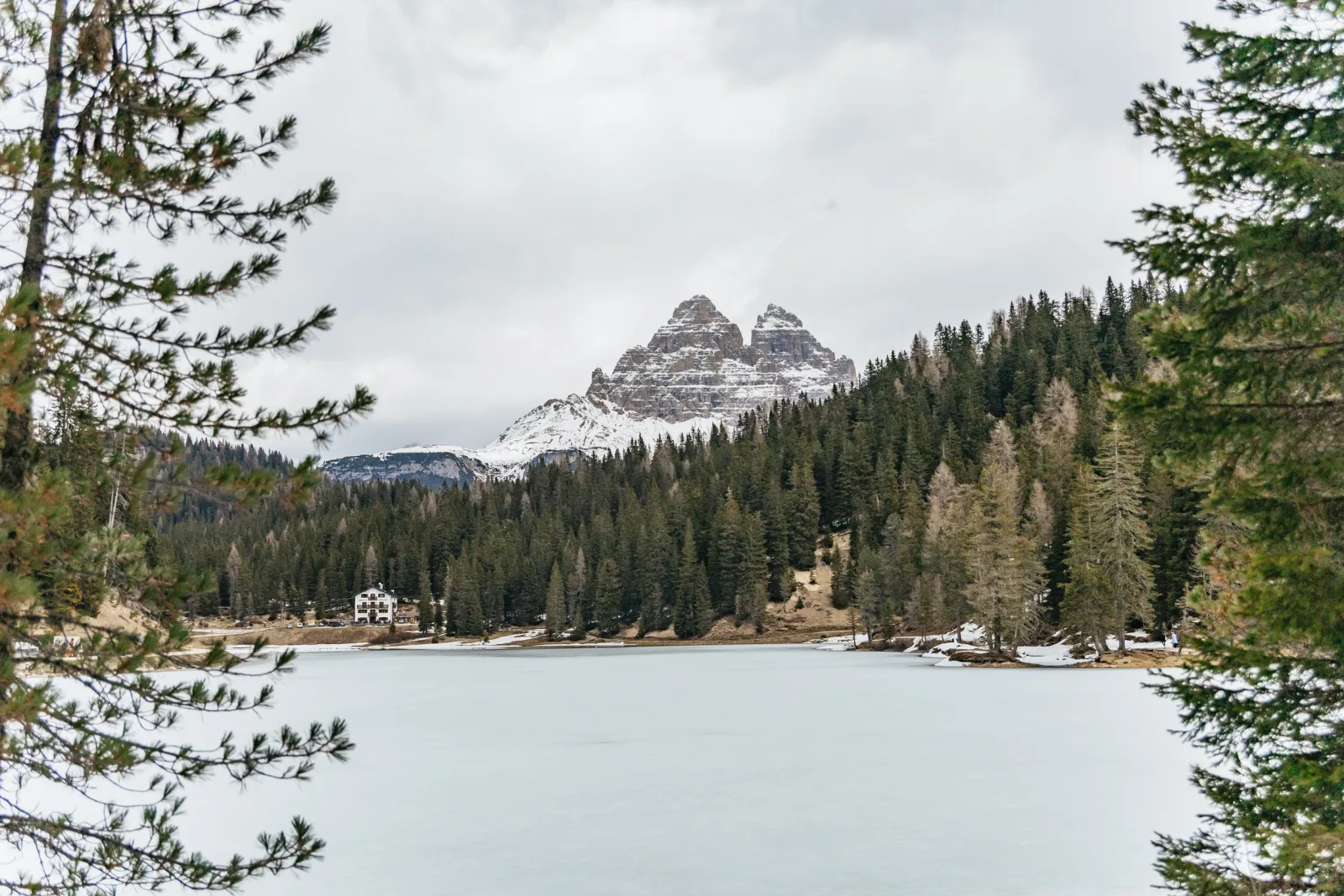 Frozen Lake Misurina under snow with the Tre Cime di Lavaredo rising behind the pines