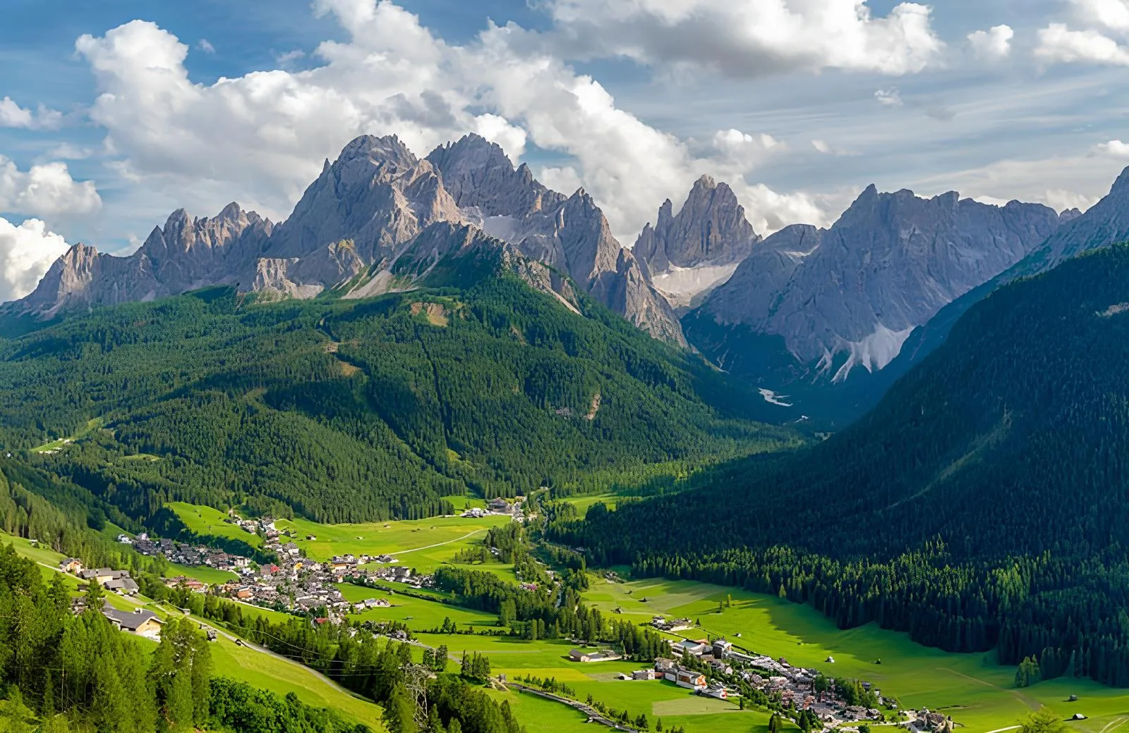 Green Pusteria valley with villages on the floor and the Dolomite peaks of the Sesto group behind