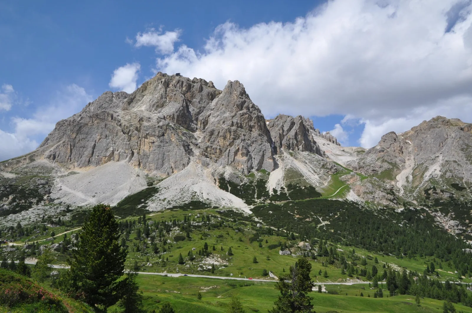 Bare limestone ridge of the Dolomites rising above green alpine pasture